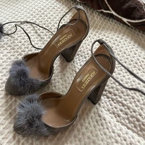 Grey Suede Aquazzura Pom Pom Block Heel Size 35 or 5